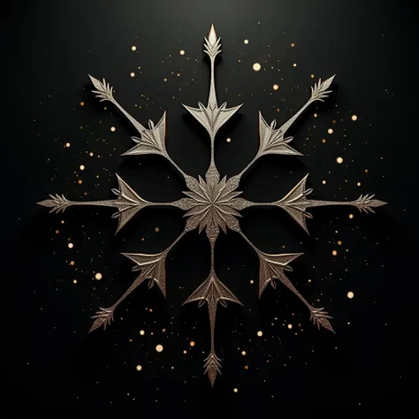 A minimalist geometric design snowflake pattern in metallic silver and gold tones, with a shiny effect that looks three-dimensional. The flakes are evenly distributed on a satin black background, with small shiny particles scattered to mimic snow. The desi...