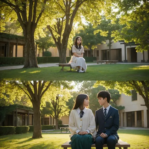 "A powerful and cinematic epic scene of young love and deep friendship between two students in a school courtyard. The setting is filled with towering trees and golden sunlight that creates a dreamy atmosphere. The boy and girl, dressed in classic school u...