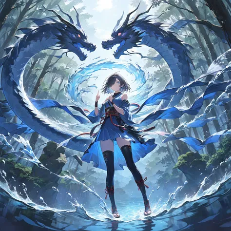  masterpiece, high quality, high resolution, 16K, ultra detailed background, hyper realistic, anime, digital painting, kunoichi girl, full body, hands standing together in front of chest, index and middle fingers together, controlling water dragon, swirlin...