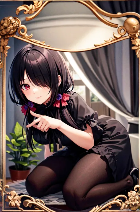 1girl, solo, kneeling, seiza, cckurumi, long hair, low twintails, hair flower, hair over one eye, hair bow, gothic, black dress, ribbon, pantyhose, slippers, sitting, smile, looking at viewer, leaning forward, indoors, living room, television, window, plan...