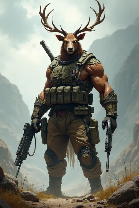 Make me a picture with the theme: a combination of a deer with a giant human posture, with the attributes of army clothing, muscular, complete with weapons, fierce, realistic fantasy picture