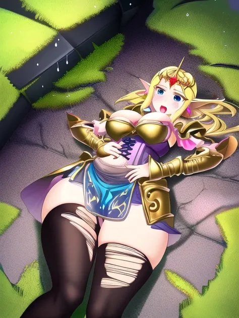 best quality, masterpiece, highres, detailed, perfect anatomy,  ZeldaHW, corset,  blonde hair, pointy ears, pink clothing, blue eyes, large breasts, 1girl, tiara, battlefield, medieval, holding sword, masterpiece, high quality, sad, hands on hip, masterpie...