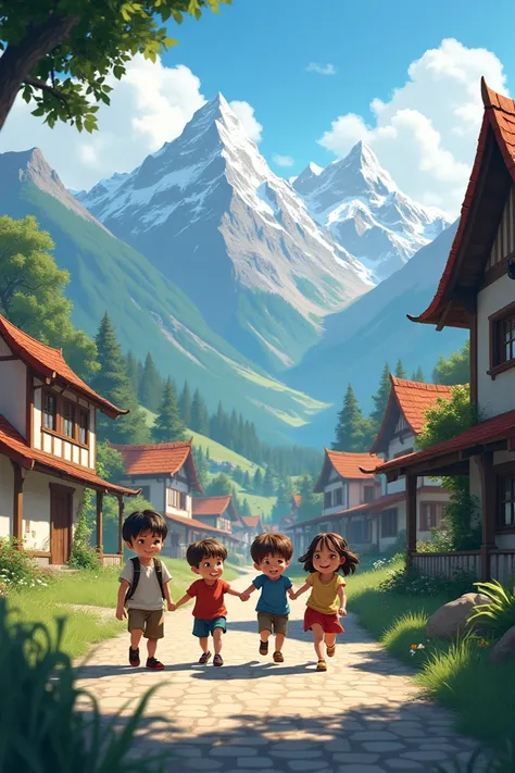 Two boys and two girls in a small town surrounded by mountains