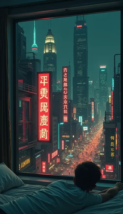 A cyberpunk city street scene with full of neon lights, and futuristic buildings, featuring a guy from his bedroom seeing the city while lying on his bed . The atmosphere is vibrant and bustling with glowing gadgets in high-tech attire, high resolution, ca...