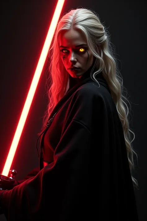 A beautiful 22-year-old female Sith with long, wavy ash-blonde hair, dark eyes with deep yellow irises illuminating her pale face, which is marked by black cracks and black lips. She is holding a red plasma lightsaber beside her, dressed in a black Jedi ro...