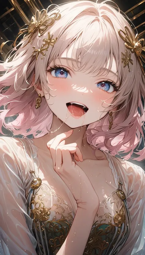  （Big Breasts:1.9）.  side ponytail hair.Steampunk.  hollow eyes, saliva,   open your mouth 、   Focus on Lower Body   、  gradient light pastel beige transparent hair、（View from directly below:1.7） ,   Woman with a gentle expression  ,   soft pink and beige ...