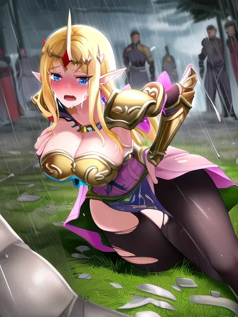 best quality, masterpiece, highres, detailed, perfect anatomy,  ZeldaHW, corset,  blonde hair, pointy ears, pink clothing, blue eyes, large breasts, 1girl, tiara, battlefield, medieval, holding sword, masterpiece, high quality, sad, hands on hip, masterpie...