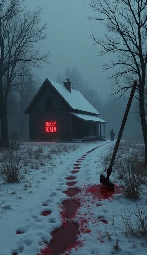 Background: A dark, eerie snow-covered farmhouse surrounded by fog or woods to set a chilling tone.
Central Visual: A bloodied mattock (the murder weapon) leaning against the farmhouse, with faint footprints leading toward the house but none leaving.
Addit...