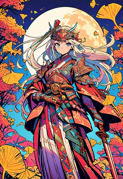 {worst quality, low-quality}, A vibrant and colorful illustration of an anime-style female samurai character with white hair, holding her sword in front of her face. She wears a traditional Japanese costume decorated with ginkgo, (( big full moon and Ginkg...