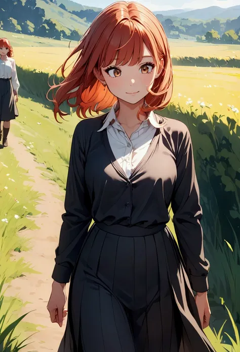  Redheaded girl,  brown eyes , white and black clothes, walking through the field