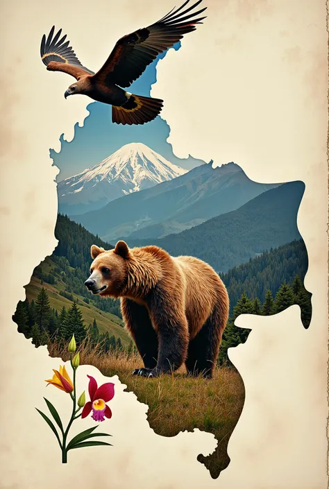  map of Cundinamarca with images in the form of a collage of the Andean bear, orchid, frailejon, Andean condor 