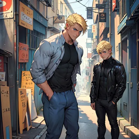 a hunk man, short blonde hair, no bangs, light blue eyes, black clothes, manly face features, sharp jawline, soft expression, natural dark circles under his eyes, detailed background, street background, mute color palette, calm, nonchalant, full body