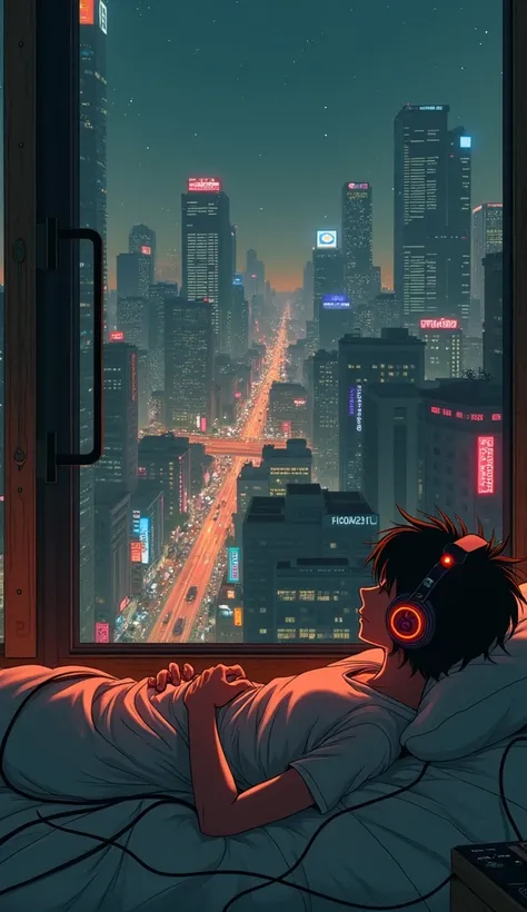 Anime illustration of a cyberpunk city street scene with full of neon lights, and futuristic buildings, featuring a guy side profile listening to music from his bedroom seeing the city through one large open window while lying on his bed . The atmosphere i...