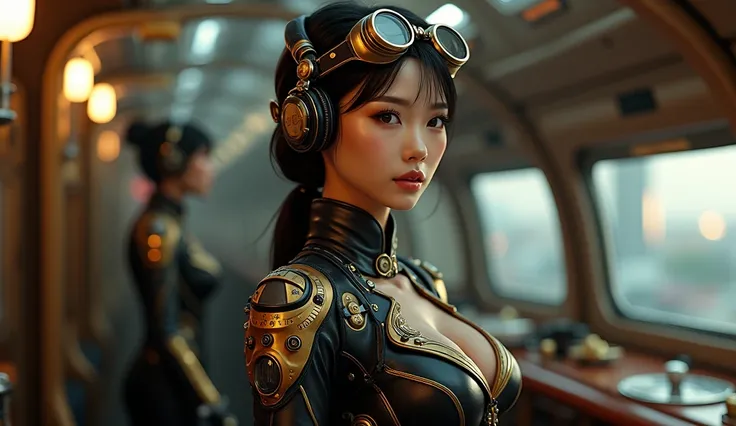 HD, retina, accurate, masterpiece, anatomically correct, textured skin, super detail, high details, award winning, best quality, highres, realistic, hot Asian girl, sexy style, big breast, Flight attendants from a sci-fi setting, featuring metallic uniform...