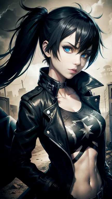 black rock shooter, trench coat, t-shirt, blue eyes, fallout, general uniform,