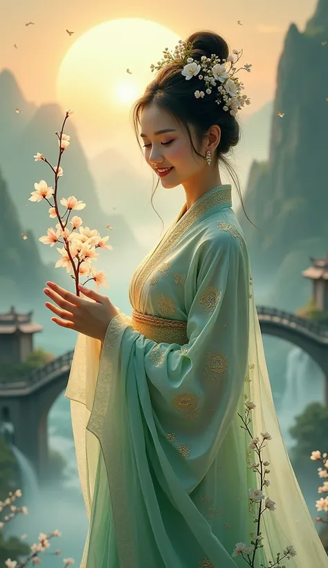 ### Taoism as a Bride - Prompt  

Create a mesmerizing and ultra-realistic half-body portrait of Taoism personified as a harmonious and ethereal bride. She wears a flowing robe inspired by traditional Taoist attire, blending soft shades of jade green, mist...