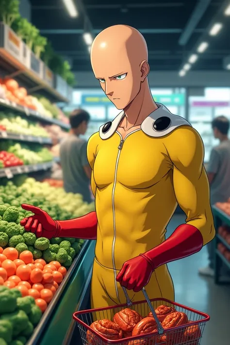 Saitama shopping for vegetables and Crab in supermarket