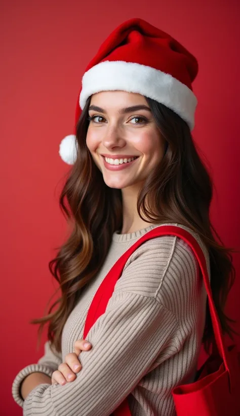 A young, beautiful girl, 26 years old, wearing a red Christmas hat and a red Christmas bag on her back shoulder, looking at the camera in front of her.