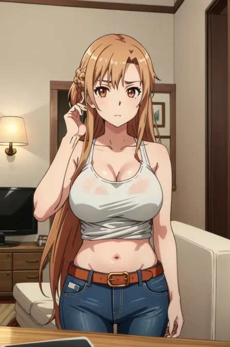 Asuna, Orange and slightly brown hair, Braided hair, Very long hair, Brown eyes, Large breasts, Thicc, bunbun, Asuna Yuuki, inside a cozy living room, she is wearing denim pants, belt for pants, furniture, indoors, tank top, detailed shoulder muscles, bell...