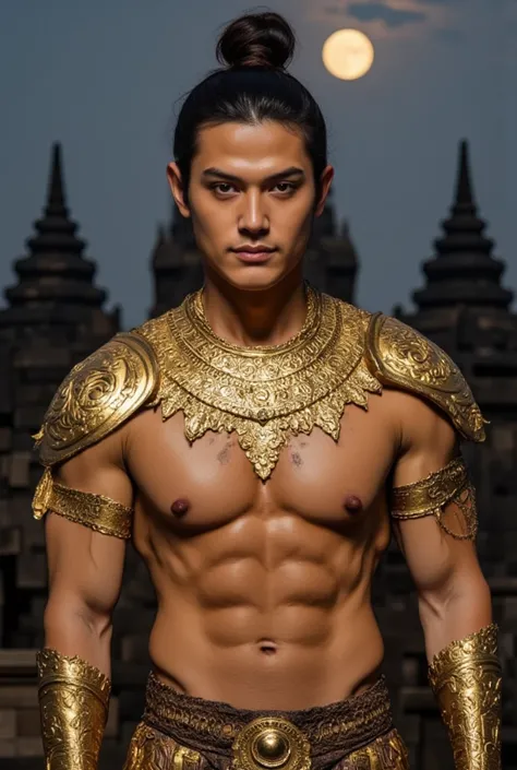 score_9_up, score_8_up, score_7_up, Dlsr camera, Raw photo, Masterpiece, detailed, 8k, a delicate and graceful image of a Handsome young Majapahit prince, 
male, (java_warrior: 0.5), 20 y.o, shirtless, white skin, naked, fit, muscled, bulk body, bodybuilde...