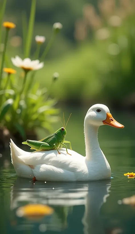 (Grasshopper and Duck, a lush green meadow beside a tranquil pond, the grasshopper perched on the ducks back as it paddles in the calm water, bright sunlight illuminates the scene with soft shadows, the grasshopper features vibrant green hues with delicate...