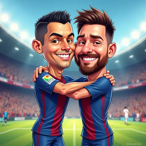 
A vibrant, cartoon-style caricature depicts two famous soccer players on the field. The player on the left "Cristiano Ronaldo (CR7)", is characterized with exaggerated features and short, shorter buzz cut dark hair. The player on the right,"Messi", has a ...