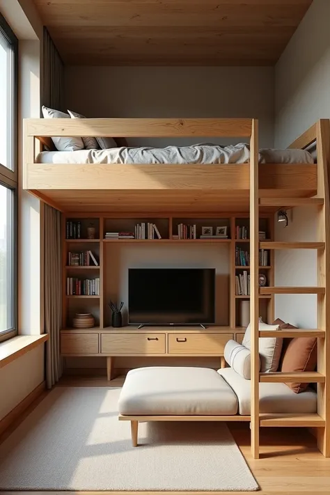 A wooden loft bed .  At the bottom an area with couch and television .  An open shelf for books as a side wall.  The bed area should be clad 