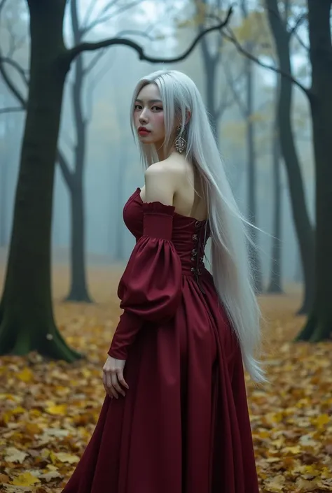 Real photography, high quality, ultra-clear picture quality, an oriental woman, about 20 years old, wearing dark red Chinese clothes, standing in the gloomy forest, her white hair flowing, her eyes emitting red light, The forest is foggy, the trees are tal...