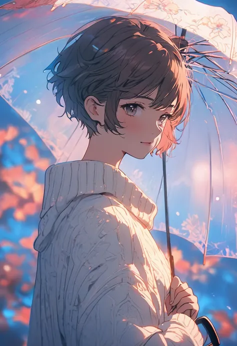 anime girl, chestnut colored pixie cut, cozy white sweater, delicate lips, floral umbrella, standing, blue gradient background, neon textures, photorealistic, masterpiece, best quality, 4k, 8k, high-resolution, ultra-detailed, sharp focus, physically-based...