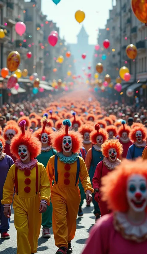 700 clowns in colorful, quirky costumes parading through the streets, interacting with ren and families in the crowd. Balloons of whimsical characters hover in the background