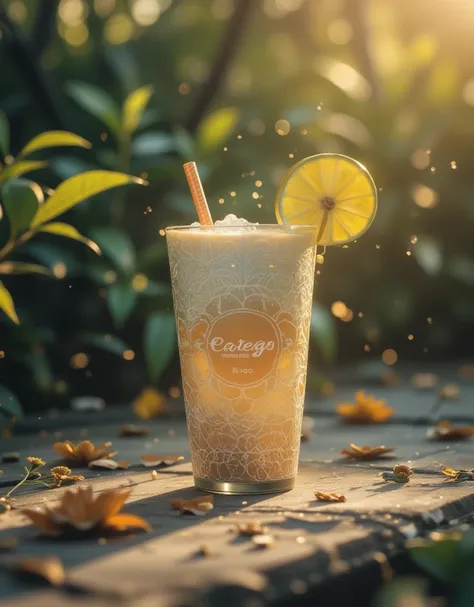 signature, cup, no humans, leaf, ice, drinking straw, drink, still life