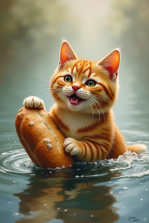 Oil painting of a cat paddling with a loaf of bread about to fall