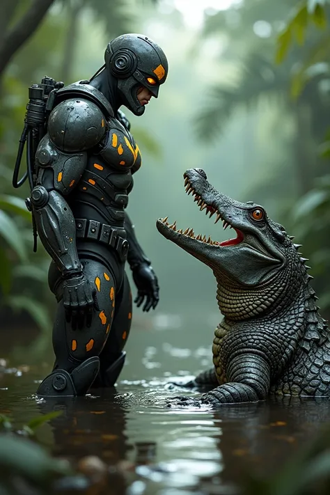 Cyborg DC superhero looking at a crocodile 