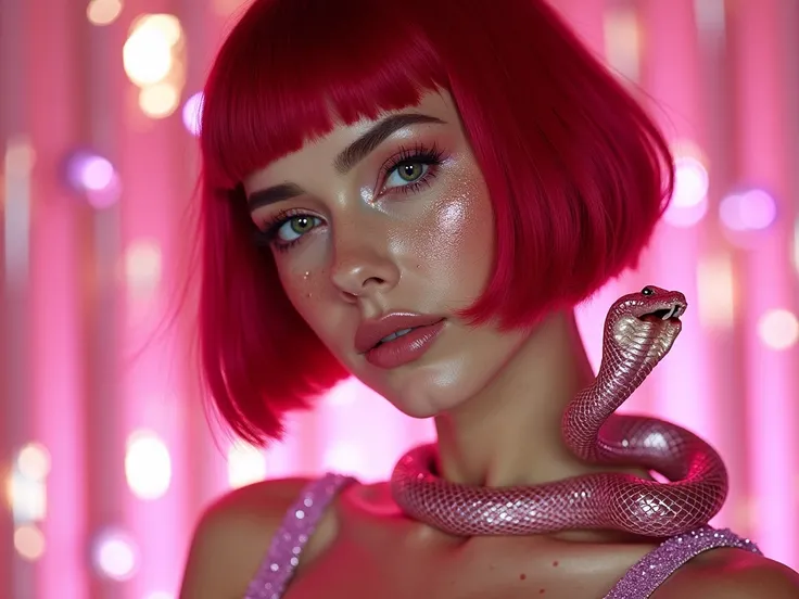 Open shot, realistic face of Dua Lipa, woman with short red hair, bob hair, slanted eyes, green eyes, freckles on the body, woman with holographic glitter makeup, woman with snake on her neck, pink holographic dress, pink snake on its rose, pink diamonds b...