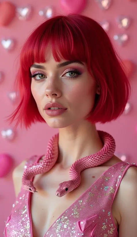 Open shot, realistic face of Dua Lipa, woman with short red hair, bob hair, slanted eyes, green eyes, freckles on the body, woman with holographic glitter makeup, woman with snake on her neck, pink holographic dress, pink snake on its rose, pink diamonds b...