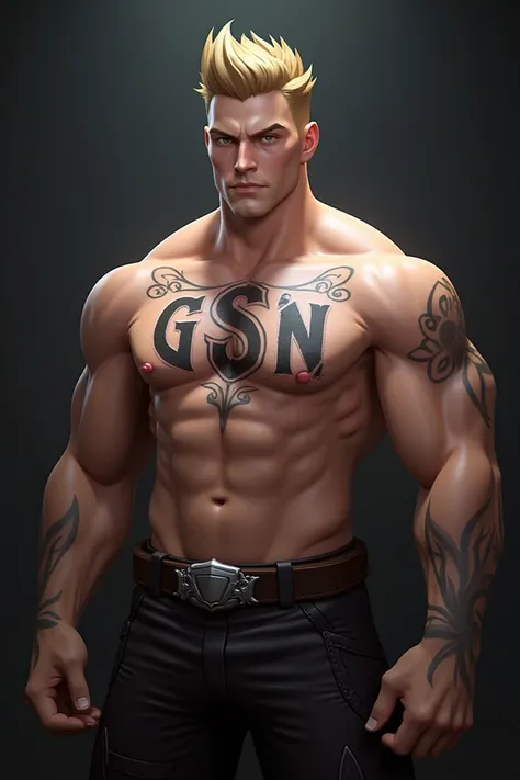 Create an image of the character Sieg Hart from the game Grand Chase Shirtless tattooed with the letters GSN on his chest