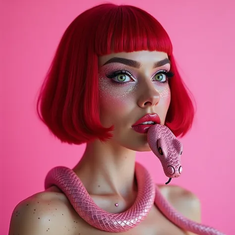 Open shot, realistic face of Dua Lipa, woman with short red hair, bob hair, slanted eyes, green eyes, freckles on her body, woman with holographic glitter makeup, woman with a snake on her neck, huge breasts, woman without clothes, pink viper in its pink, ...