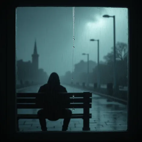 A single raindrop slowly traces a path down a fogged-up window. Beyond the glass, a blurred figure sits on a bench in the pouring rain, their hunched silhouette framed by a dark, stormy sky