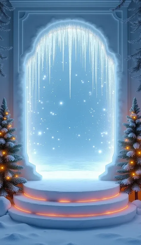 A magical winter-themed 3D scene featuring a crescent-shaped wardrobe covered in frost and surrounded by a reflective icy floor. The backdrop is filled with sparkling icicles hanging like a shimmering curtain, creating a majestic and enchanting atmosphere....