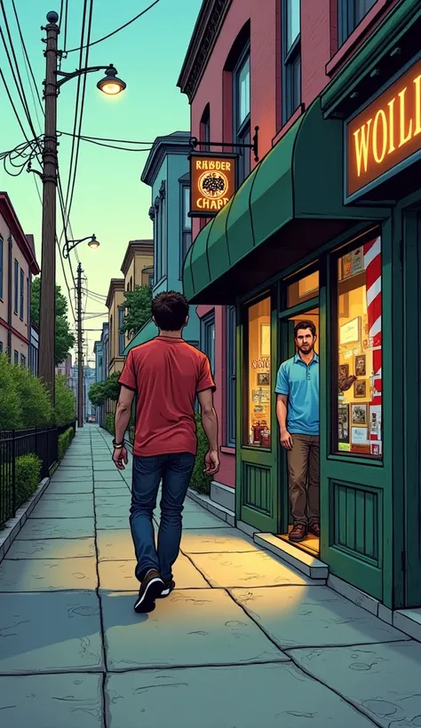   A man leaving the neighborhood street and entering a barbershop and a path in the background a man in the blue shirt looks at him ( Picture as comics  )