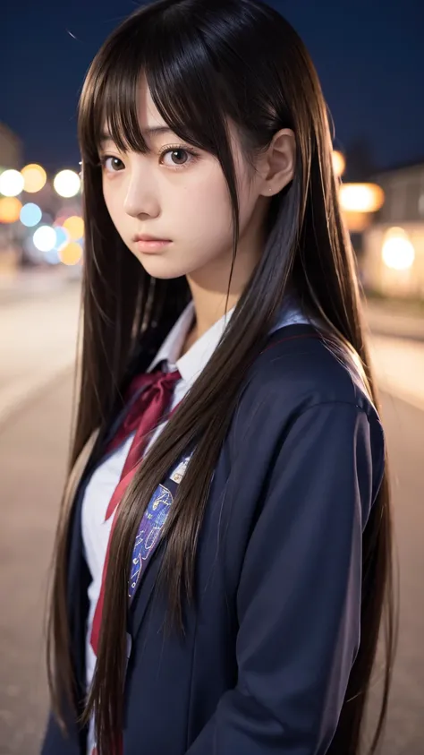 super beautiful face, japanese girl,  long straight hair, high school student, anime style, school wear, face closeup, sad, moon light