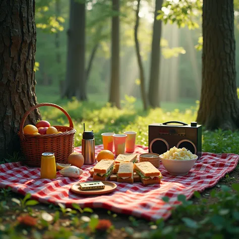 "Create a serene outdoor scene of a picnic in a lush forest during the 1990s. The setting features a cozy checkered blanket spread on the ground, surrounded by tall trees with dappled sunlight filtering through the leaves. The picnic includes a variety of ...