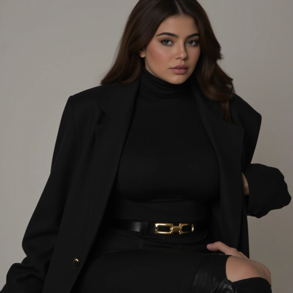 (8K, HDR, highres), ((((Photography, RAW photo, hyperrealism, masterpiece, best quality, ultra highres)))),Kylie Jenner is wearing a black turtleneck , black pants , and black thigh-high boots . She is also wearing an oversized black coat and a gold belt
