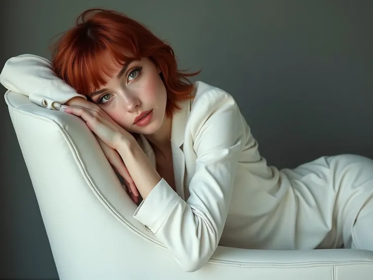 Full shot, woman lying on white armchair, woman poses full body armchair, realistic face of Dua Lipa, woman with short red hair, bob hair, slanted eyes, green eyes, freckles on the body, white jacket clothing, long white skirt, background gray blur, 4k, hi...