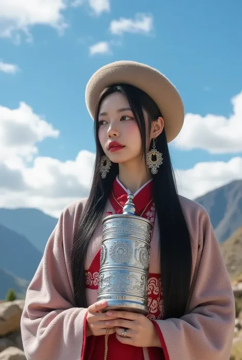 (masterpiece, best quality: 1.2), white Tibetan clothing, 1girl,blue sky, cloud, cloud y sky, sky, earrings, plush hat, horizon, Han Tibetan clothing, ring, silver Tibetan prayer wheel, Tibetan girl, jewelry, lips, mountain, outdoors, parted lips, red lips...