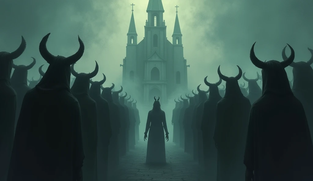 heavy fog , dark environment, church with all seats occupied by people with horns, For a shadow of a woman with horns ,  impressionist painting style 