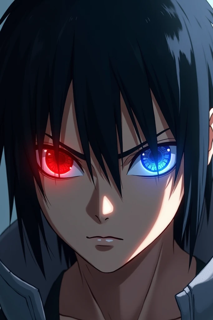 Make me a picture of Sasuke where one of his eyes is the red Sharingan, and blue Sharingan, and let that eye be bright.