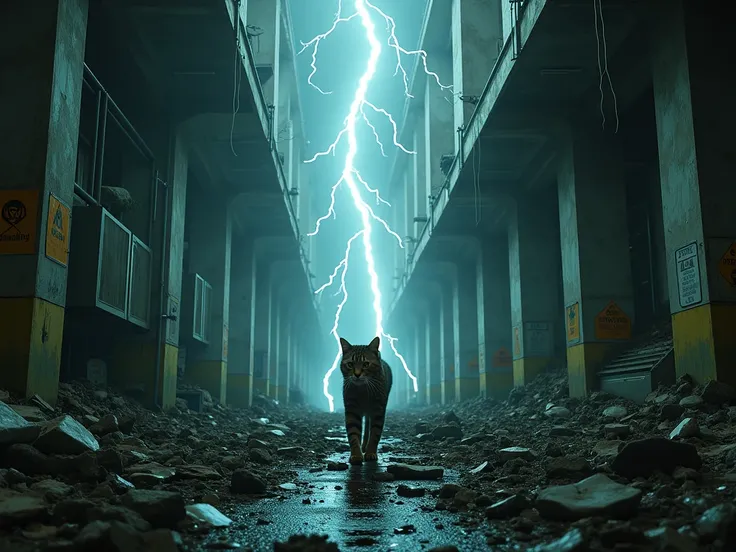 A cat is sneaking through a destroyed nuclear reactor.  around lightning.