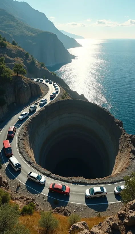 on the asphalt road along the mountain overlooking the beautiful sea. The road surface collapsed into a large circular hole. A long line of cars was blocked.