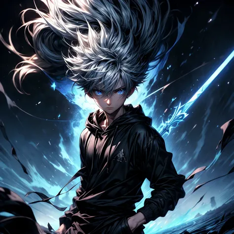 Masterpiece, best quality, high resolution, highly detailed, killua zoldyck spear in hand, handsome face,  white hair ( light in the hair), blue eyes ( glowing eyes ), cold expression ( cold look ), wearing a black hoodie, and black pants, black watch, sur...